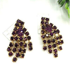 Vintage Gold-Tone Clip-On Dangle Earrings With Purple Rhinestones